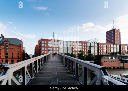 Hamburg, Deutschland - 3. August 2019: Der Speicherstadt oder die Speicherstadt. Es wurde als freie Zone waren ohne Zoll zu übertragen. UNESCO-Worl Stockfoto