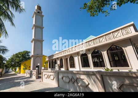 Huraa, Malediven - November 19, 2017: Die Moschee auf der Insel Huraa in der Malediven, Nord Male Atoll, Indischer Ozean. Stockfoto