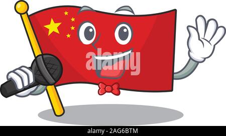 Cute cartoon Singen Flagge China Blättern mit einem Mikrofon Stock Vektor