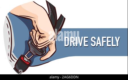 Konzept "Sicherheit An Erster Stelle". Sicherheitsgurt. Mann schnallt die Hände. - Lagerabbildung Stock Vektor