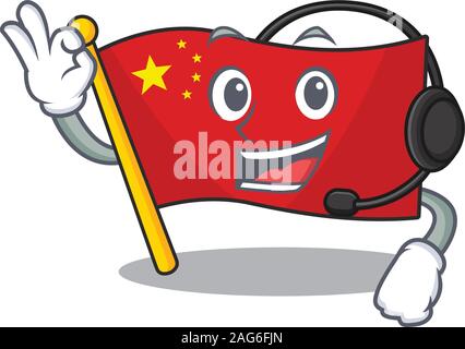 Cute Flagge China Blättern Cartoon Character Design tragen Kopfhörer Stock Vektor