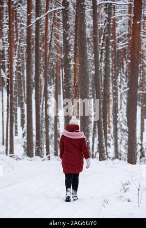 GULBENE, Lettland. 24. Dezember 2018. Frau das Tragen der roten Winterjacke, Wanderungen im verschneiten Wald. Verschneite Bäume und Wald Trail. Stockfoto