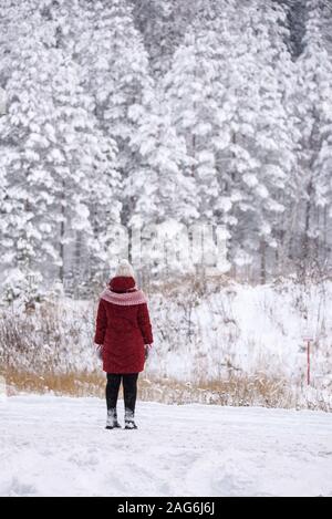 GULBENE, Lettland. 24. Dezember 2018. Frau das Tragen der roten Winterjacke, Wanderungen im verschneiten Wald. Verschneite Bäume und Wald Trail. Stockfoto