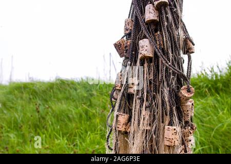 Fischernetze hängen außen gegen Hintergrund des grünen Grases Stockfoto