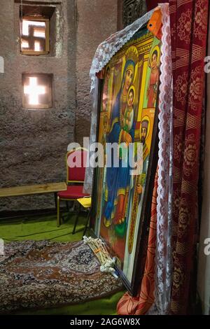 Äthiopien, Amhara-region, Lalibela, innen Wette Maryam Kirche, religiöse Gemälde der Jungfrau mit dem Kind Jesus Stockfoto