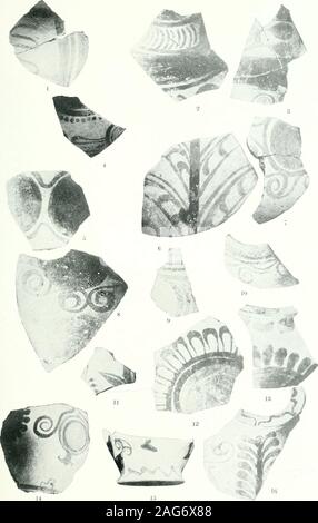 . Ausgrabungen bei Phylakopi in Melos,. 10 VERSCHIEDENEN FRÜHEN MYKENISCHEN VASEN (S9). Maßstab ca. 1:3. J.H S SUPPL. Iv. (1904) PL. Xx. Schwarz und Rot FRÜHEN MYKENISCHEN WARE (§ 10). Maßstab: 1, 14, 15 Über 1:3, die andere Fragmente fast 1:2. J.H.S. SUPPL. IV (1904; PL. XXI. -^ Stockfoto