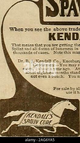 . Züchter und Sportler. Spat^* Kurioses&lt; HANDEL nAR*. Wenn yon siehe obige Marke auf einem Etikett, das Sie sich sicher sind, dass Yon erhalten die echte KENDALLS SPAT KURIEREN. Das bedeutet, dass Yoo die nur absolut Zeit sind erhalten geprüft und zuverlässiges Hilfsmittel für Spat, Ring Knochen. Cnrb, Schiene. - "nd alle Formen von Lahmheiten bei Pferden. Eine einzelne Flasche kann Ihr Pferd zu speichern. Es hat funktioniert, so 1 Tausende von Fällen. Hinweis Dieser Schimmel Erfahrung: Wausao, Neb., März 13,1502, S. 0. Box S 4 Dr. T. B.j. Kendall Co. Enosburg Falls. Vt Herren: - Sie erinnern sich vielleicht an die ich für ihr Buch geschickt, eine Abhandlung über das Pferd und H Stockfoto