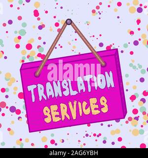 Handschrift text Translation Services. Konzeptionelle foto Organisation, geben, rede Quadrat Rechteck unreal cartoon Holz zu übersetzen Woo Stockfoto