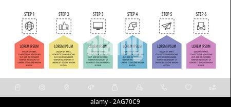 Vektor Infografik Vorlage. Sechs Pfeile mit Symbole und Beschriftungen. Business Konzept für Diagramme, Flussdiagramm, Grafik, Marketing, Präsentation, Schritt für Schritt Stock Vektor