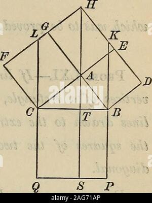 . Ausgewählte Vorschläge in geometrischen Konstruktionen und Anwendungen der Algebra, Geometrie. Wird ein Schlüssel für die Anlage von Davies' Legendre. al (Bk. IV, Vorschl. 1); Der parallelogramme ABKH und Spbt haben den gleichen Grundlagen, HA und ST, und einer gemeinsamen Höhe; sie sind daher gleich: Damit das Parallelogramm ABDE auf das Parallelogramm STBP gleich ist. Inlike weise Es kann gezeigt werden, dass das Parallelogramm ACFG ist das Parallelogramm STCQ equalto. Die Summe der parallelogramme TP andTQ gleich das Parallelogramm BCQP; daher der parallelogramBCQP ist gleich der Summe der parallelogramme ABDE und Acfg, die w Stockfoto