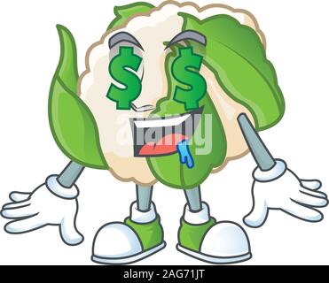 Cute Blumenkohl mit Geld Auge Cartoon Character Design Stock Vektor