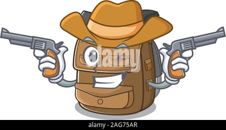 Wanderrucksack Blättern Maskottchen durchgeführt wird, wie ein Cowboy mit Gewehren Stock Vektor