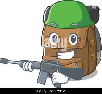 Ein Maskottchen der Wanderrucksack Blättern Armee mit Maschinengewehr Stock Vektor