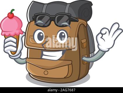 Happy Cartoon von wanderrucksack Blättern mit Eis Stock Vektor