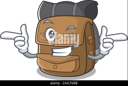 Wanderrucksack Blättern Maskottchen cartoon Design mit Wink Auge Stock Vektor
