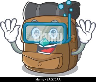 Cartoon Maskottchen mit wanderrucksack Blättern Tauchen Brille tragen Stock Vektor