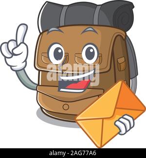 Happy Face Wanderrucksack Blättern Maskottchen Design mit Umschlag Stock Vektor