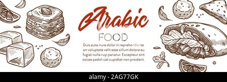 Arabisches essen und nahöstliche Küche Gerichte Banner mit Text Stock Vektor