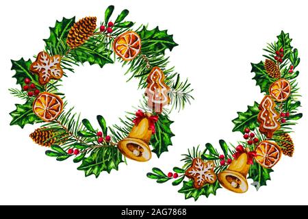 Aquarell Weihnachten Kranz und Anordnung mit Lebkuchen, getrocknet Zitrusfrüchte Schichten, Holz- Jingle Bell auf weißem Hintergrund Stockfoto