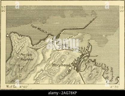 . Die Erde und ihre Bewohner... ANGLESEY. 63 Berg, ein paar Kilometer südlich der Stadt. Sie waren im Jahre 1768 discoyered. Holyhead (Caer Gybi), auf einer kleineren Insel liegt an der Westküste ofAnglesey, zu denen es durch einen Bahndamm und eine alte Brücke verbunden ist, hasattained erheblicher Bedeutung, da der nächste Hafen nach Irland. Holyhead mayalmost aufgerufen werden ein ausgangsport von London, und Engineering arbeitet an einem großen scalehave abgeschlossen, es auf die Anforderungen der zunehmenden tradebetween England und Irland anzupassen, und als Hafen für Notliegeplätze für Schiffe handel toLiverpool. Zwei Stockfoto