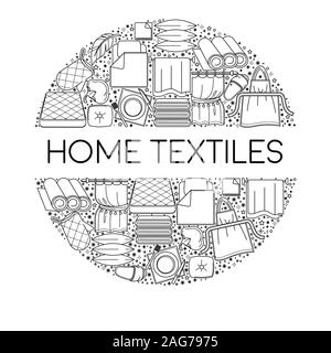 Home Textilien Icons Sammlung im Kreis mit Text Stock Vektor