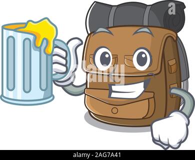 Happy Wanderrucksack Blättern Maskottchen Design mit einem großen Glas Stock Vektor