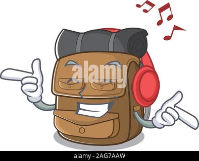 Musik Wanderrucksack Blättern Maskottchen Cartoon Character Design Stock Vektor