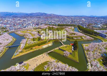 Goryokaku Park im Frühling kirschblüten Saison (April, Mai), Luftaufnahme sternförmigen fort in sonniger Tag. Besucher der wunderschönen Blüte genießen Stockfoto