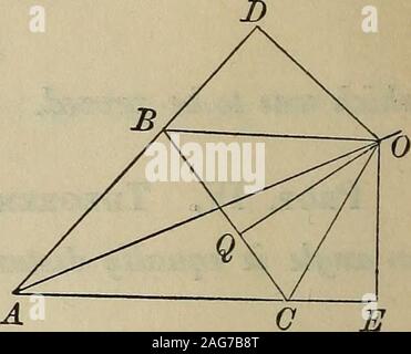 . Ausgewählte Vorschläge in geometrischen Konstruktionen und Anwendungen der Algebra, Geometrie. Wird ein Schlüssel für die Anlage von Davies' Legendre. 8 SCHLÜSSEL.. Vorschl. V. - Wenn zwei Seiten eines Dreiecks über den Downloadvorgang Seite verlängert werden, zeigen, dass die bisectrices des eingeschlossenen Winkels und der dieäusseren Winkel, alle im gleichen Punkt treffen. Demonstration. - Lassen Sie ABC jedem Dreieck und CO und BObe Die bisectrices des äußeren anglesECB und DBC. AO, und auch zeichnen, zeichnen OE perpen-dicular auf AE, OD AD senkrecht, und OQ senkrecht zu BC. Es ist zu beshown, AO ist die theande bisectrix der EAD. Gebildet Stockfoto