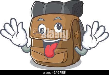 Maskottchen von Crazy Face Wanderrucksack Blättern Zeichentrickfigur Stil Stock Vektor