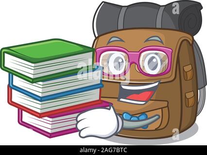 Smart Student Wanderrucksack Blättern Maskottchen Karikatur mit Buch Stock Vektor