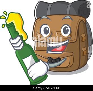 Wanderrucksack Blättern mit einer Flasche Bier Maskottchen Cartoon Stil Stock Vektor