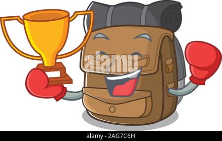 Super cooles Boxing Sieger Wanderrucksack Blättern in Mascot cartoon Design Stock Vektor