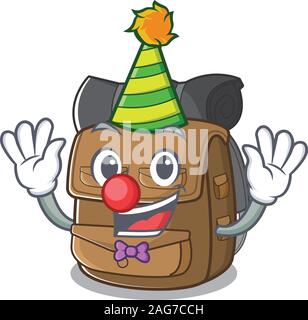 Netten und lustigen Clown Wanderrucksack Blättern Zeichentrickfigur Maskottchen Stil Stock Vektor