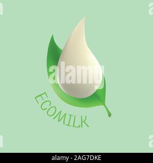 Eco Milch Logo. Tropfen weißer Milch auf die frischen grünen Blätter des Baums. Vektor isoliert ungewöhnliche Logo. Gruß Logo. Stock Vektor