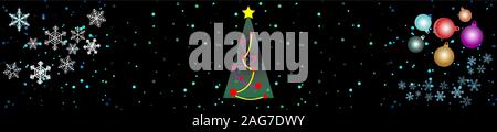 Winterurlaub Banner. Das neue Jahr Nacht. Die Sterne funkeln. Schnee funkelt. Weihnachtsbaum in der Mitte. Stern, Garland und Weihnachten Dekoration auf Fichten. Col Stock Vektor