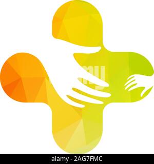 Isolierte bunte Vektor Hände Logo. Waisenhaus Emblem. Familie anmelden. Kinder pflege Bild. Annahme Abbildung. Kindererziehung singen. Kindergarten Symbol Stock Vektor