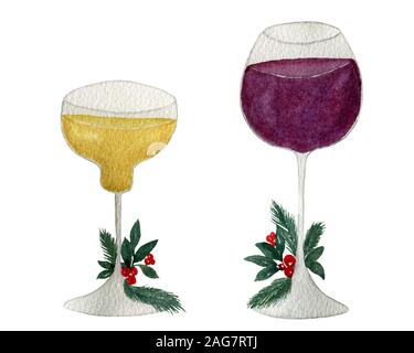 Aquarell Partei Trinkgläser, Illustration Design mit Wein und Cocktails und Champagner Glas isoliert auf weiss Stockfoto