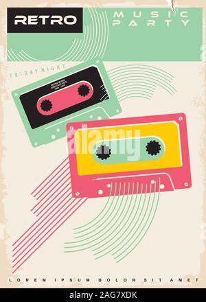 Retro Musik Party Poster. Anti Gravity bunten Kassetten auf vintage Hintergrund. Vektor ad Abbildung. Stock Vektor