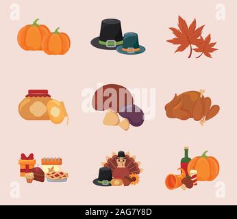 Happy Thanksgiving Tag Icon Set Design, Herbst urlaub Gruß und traditionellen Thema Vector Illustration Stock Vektor