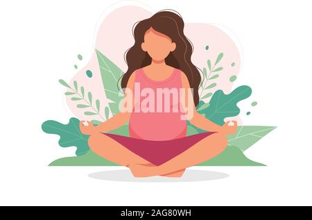 Schwangeren Yoga mit Natur Hintergrund. Cute Vector Illustration im flachen Stil Stock Vektor