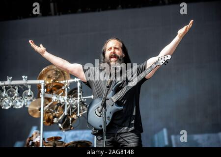 Oslo, Norwegen. 29. Juni, 2019. Die amerikanische progressive metal band Dream Theater führt ein Live Konzert während der norwegischen Musik Festival Tonnen Gestein 2019 in Oslo. Hier Gitarrist John Petrucci ist live auf der Bühne gesehen. (Foto: Gonzales Foto - Terje Dokken). Stockfoto