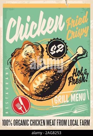 Knusprig gebratene Hähnchenschenkel retro Restaurant Menü Design mit künstlerischer Hand zeichnen. Vintage Poster für Diner, Snackbar oder Fast Food Restaurant mit gr Stock Vektor