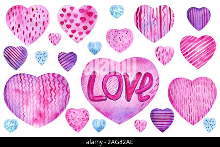 Satz von Aquarell rosa und lila Herzen. Zarte lila Hintergrund mit Papier Textur mit geraden und gewellten Linien, Punkte und Striche. Für Hochzeit inv Stockfoto