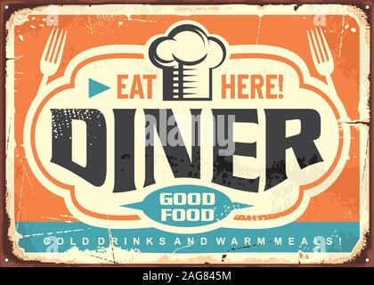 Retro diner Restaurant Tin Sign Design mit Chef hat, Gabeln und kreative Schriftzug. Gutes Essen, kalte Getränke und warme Mahlzeit vintage Vektor Poster. Stock Vektor