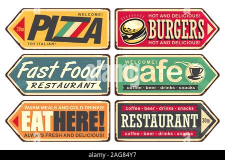 Retro zeichen Sammlung. Jahrgang Wegweiser für Cafe, Pizza, Burger und Fast Food Restaurant. Essen und Trinken Vektoren Poster. Stock Vektor