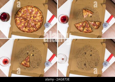 Frische, hausgemachte Pizza Hawaii in verschiedenen Stadien auf einer modernen Tabelle (Collage, von oben Ansicht) Stockfoto