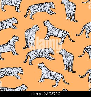 Wild Tiger Tribal Style nahtlose Muster. Zirkus oder zoo Blau und Orange wilde Katzen. Exotische safari Tiere, jungle Fauna kachelbare Textur. Kreative kindliche Tapete, Geschenkpapier oder textile Design Stock Vektor