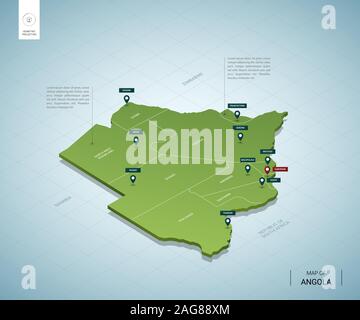 Stilisierte Karte von Botswana. Isometrische 3D-grüne Karte mit Städten, Ländergrenzen, Hauptstadt Gaborone, Regionen. Vector Illustration. Bearbeitbare Layer deutlich gekennzeichnet Stock Vektor