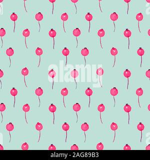Rote kleine Beeren, Handgemalten Aquarell Illustration, nahtlose Muster Design auf weichem blauem Hintergrund Stockfoto